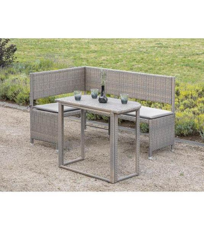 Eckbank Set BREGENZ 2-teilig, Stahl + Polyrattan grau-beige, mit Polster (6)